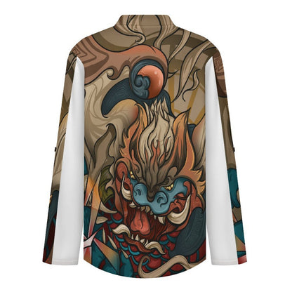 Chinese, Animation, Nian Beast  Women Curved Hem V Neck Roll Sleeve Casual Work Top