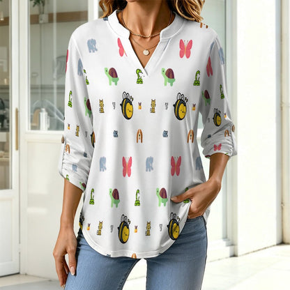 Versatile Notched V-Neck Tunic  Roll Tab 3/4 Sleeve Office Casual Top  Animal, Bee, Cartoon