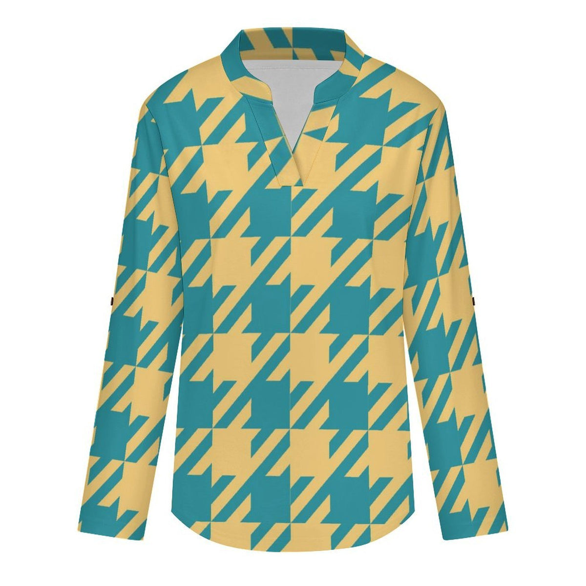 Versatile Notched V-Neck Tunic | Roll Tab 3/4 Sleeve Office Casual Top  Tartan Dresses Are Retro