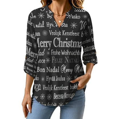 Merry Christmas  Versatile Notched V-Neck Tunic | Roll Tab 3/4 Sleeve Office Casual Top