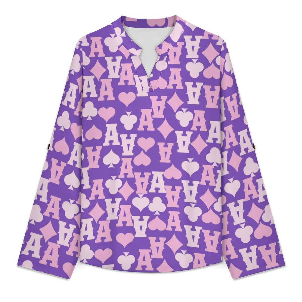 Poker A  Versatile Notched V-Neck Tunic | Roll Tab 3/4 Sleeve Office Casual Top