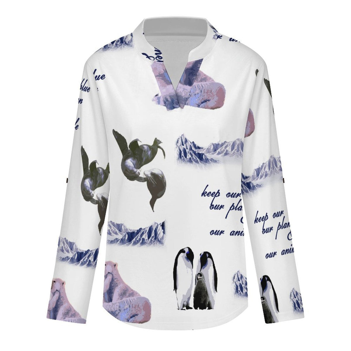 Eco-friendly, Arctic, Repeating Patterns  Versatile Notched V-Neck Tunic | Roll Tab 3/4 Sleeve Office Casual Top