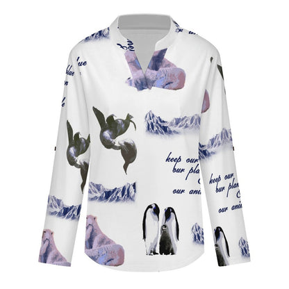 Eco-friendly, Arctic, Repeating Patterns  Versatile Notched V-Neck Tunic | Roll Tab 3/4 Sleeve Office Casual Top