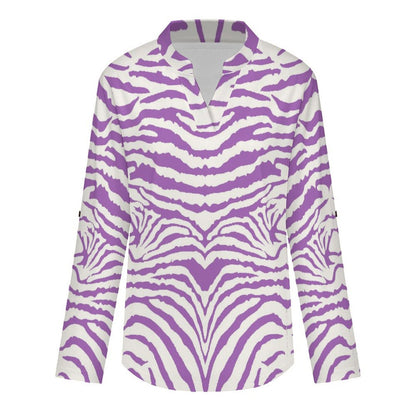 Stand-up Collar Long-sleeved Shirt Zebra Pattern white S Women’s V-Neck Blouses
