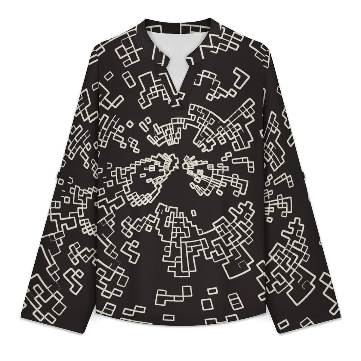 Pattern Dress Girl Phone Cover Roll Tab 3/4 Sleeve Notched V Neck Tunic Blouse