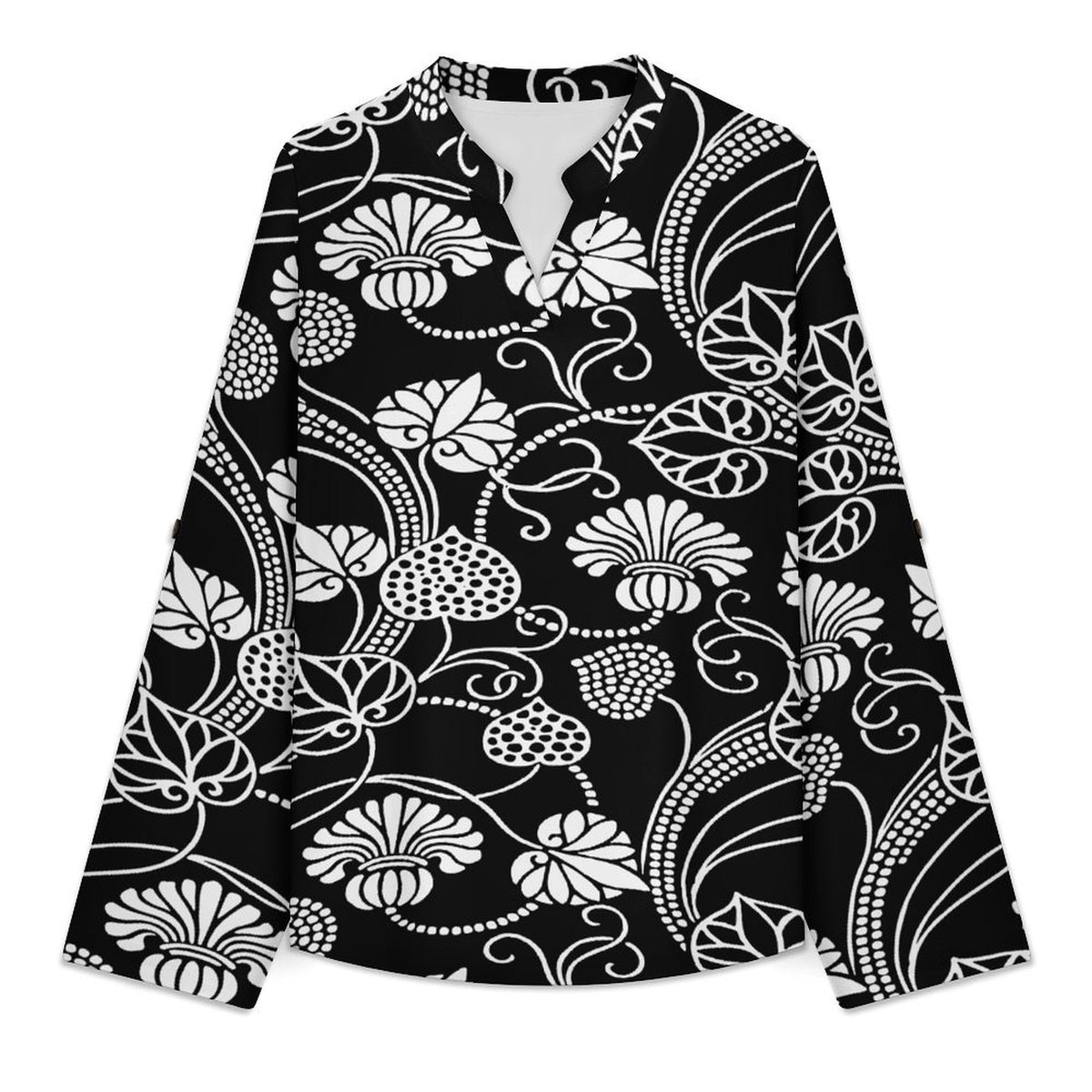Black Pattern  Versatile Notched V-Neck Tunic | Roll Tab 3/4 Sleeve Office Casual Top
