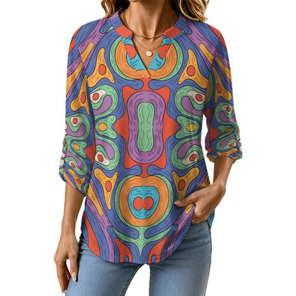 Women Curved Hem V Neck Roll Sleeve Casual Work Top  Repetitive Pattern