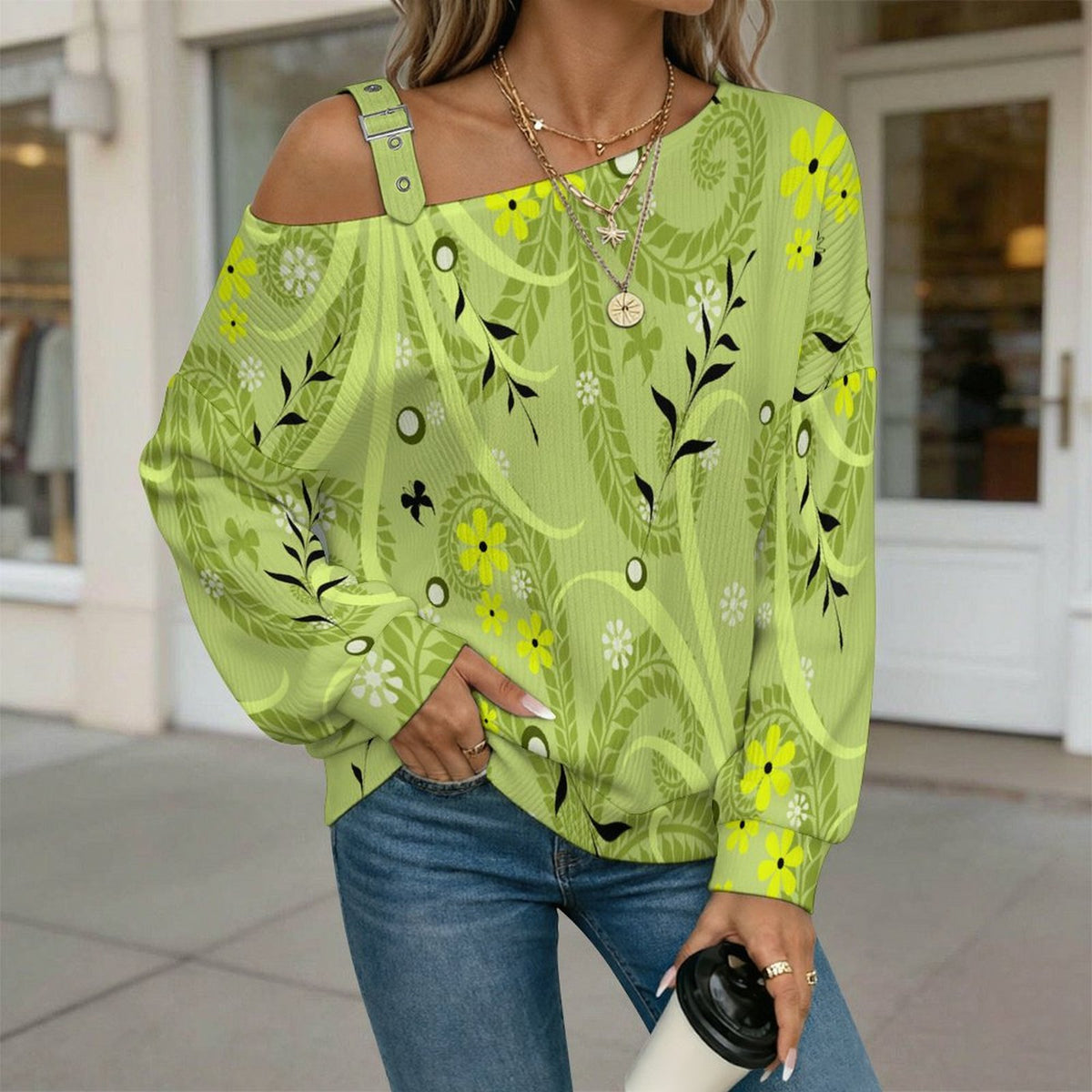 Green Leaf Pattern Buckle Strap Asymmetrical Off Shoulder Knit Sweater