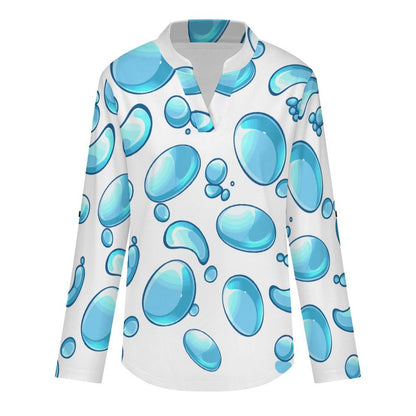 Women Curved Hem V Neck Roll Sleeve Casual Work Top  Blue Water Droplets