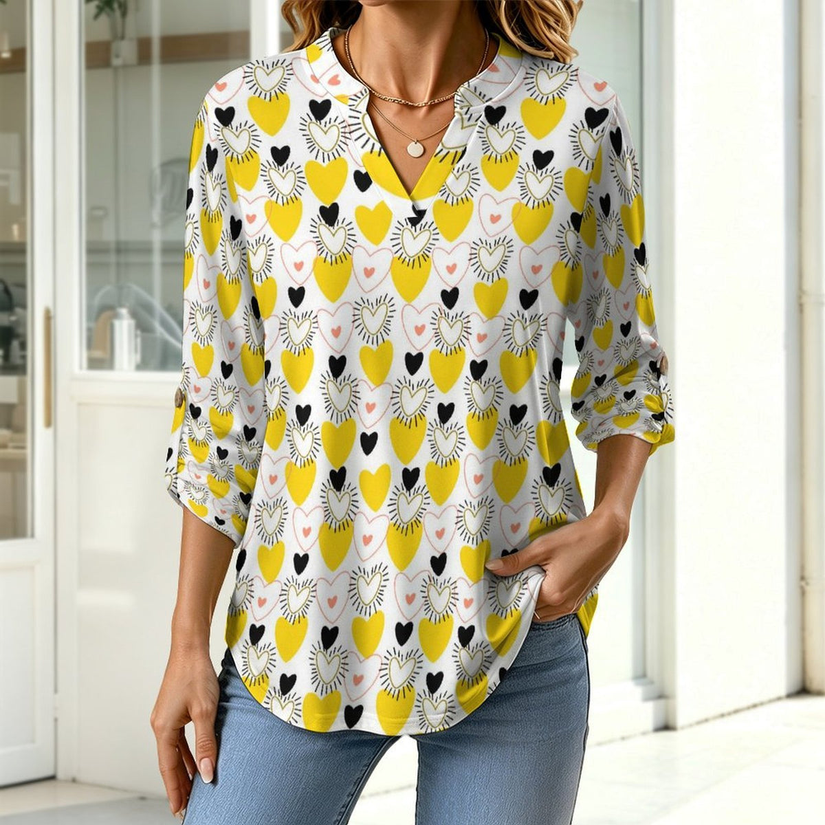 Love  Versatile Notched V-Neck Tunic | Roll Tab 3/4 Sleeve Office Casual Top
