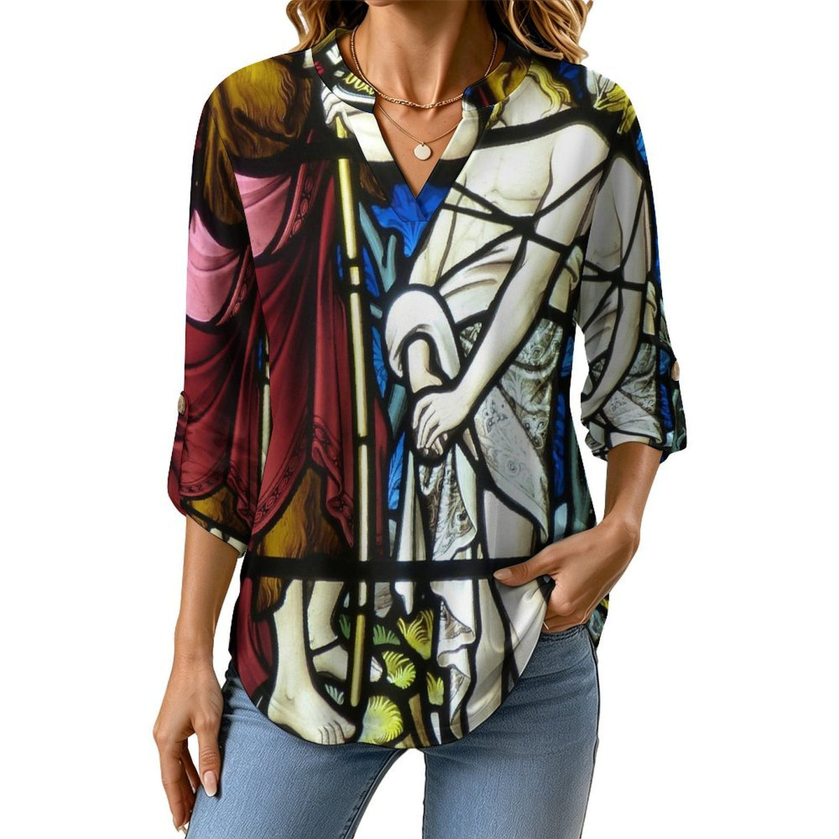 Roll Tab 3/4 Sleeve Notched V Neck Tunic Blouse  Jesus Church Windows Faith
