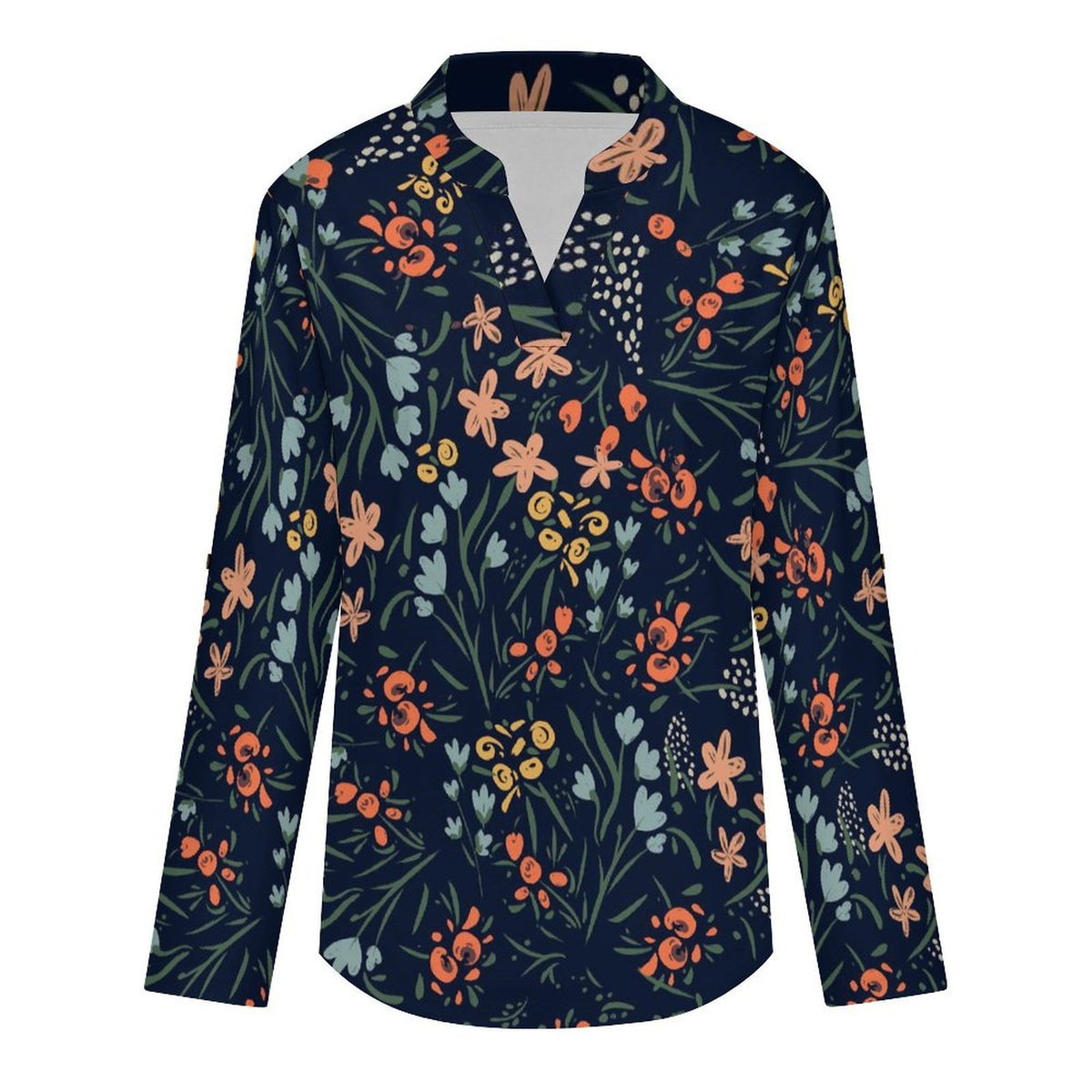 Flower Pattern Roll Tab 3/4 Sleeve Notched V Neck Tunic Blouse