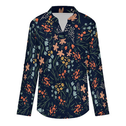 Flower Pattern Roll Tab 3/4 Sleeve Notched V Neck Tunic Blouse