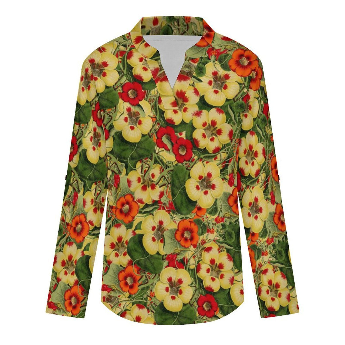 Vintage Flower Pattern  Versatile Notched V-Neck Tunic | Roll Tab 3/4 Sleeve Office Casual Top