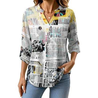 Newspaper  Versatile Notched V-Neck Tunic | Roll Tab 3/4 Sleeve Office Casual Top