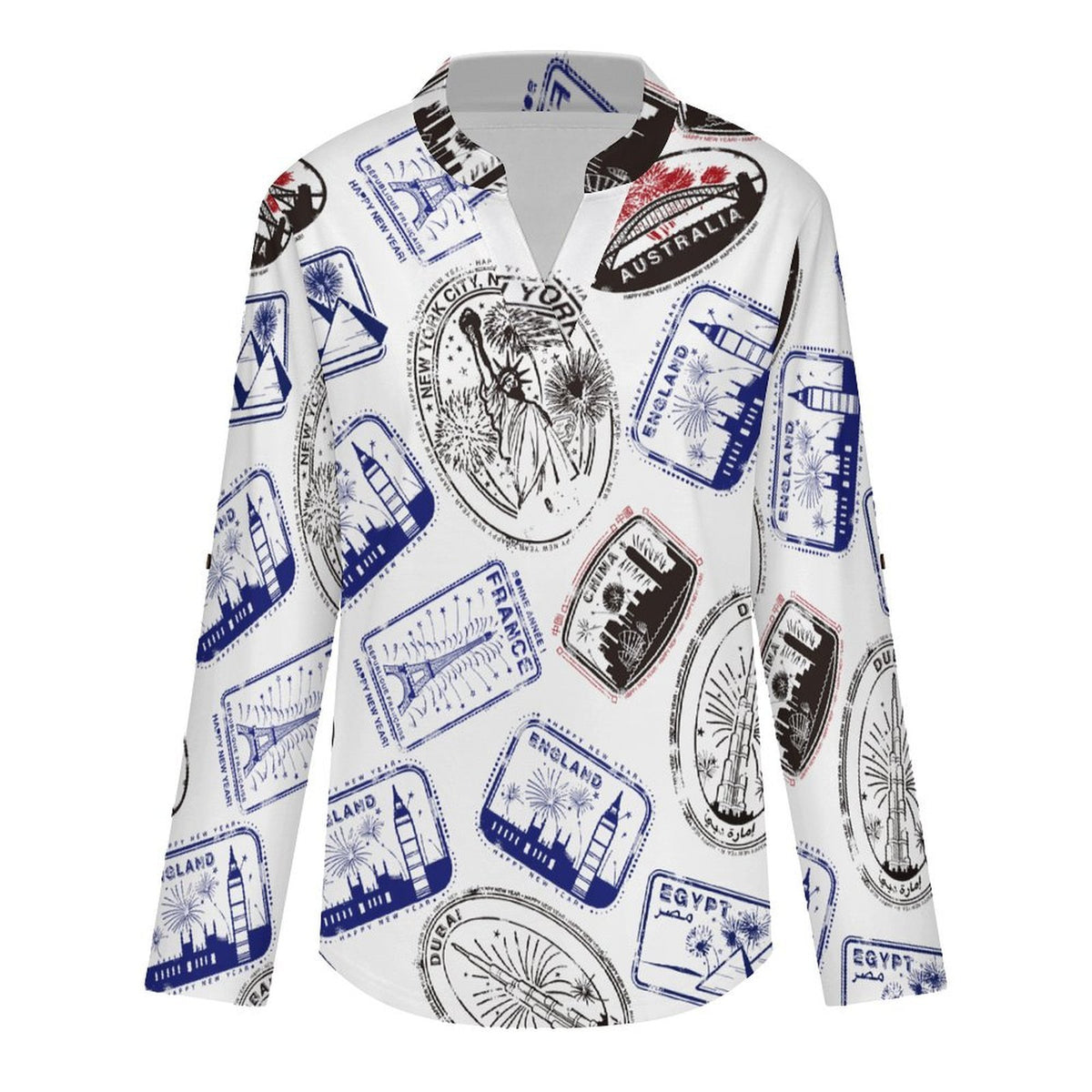 Repeating Patterns, Postmarks, Flags, Blue Stars, Stripes Roll Tab 3/4 Sleeve Notched V Neck Tunic Blouse