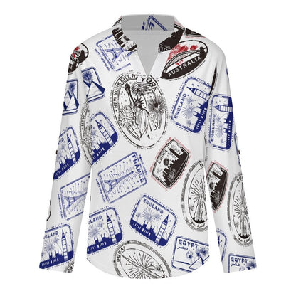 Repeating Patterns, Postmarks, Flags, Blue Stars, Stripes Roll Tab 3/4 Sleeve Notched V Neck Tunic Blouse