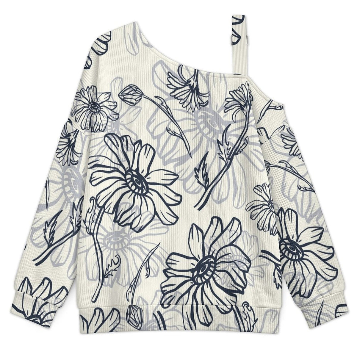 Fall Casual Asymmetric Shoulder Knit Top with Buckle Detail Pattern, Ink