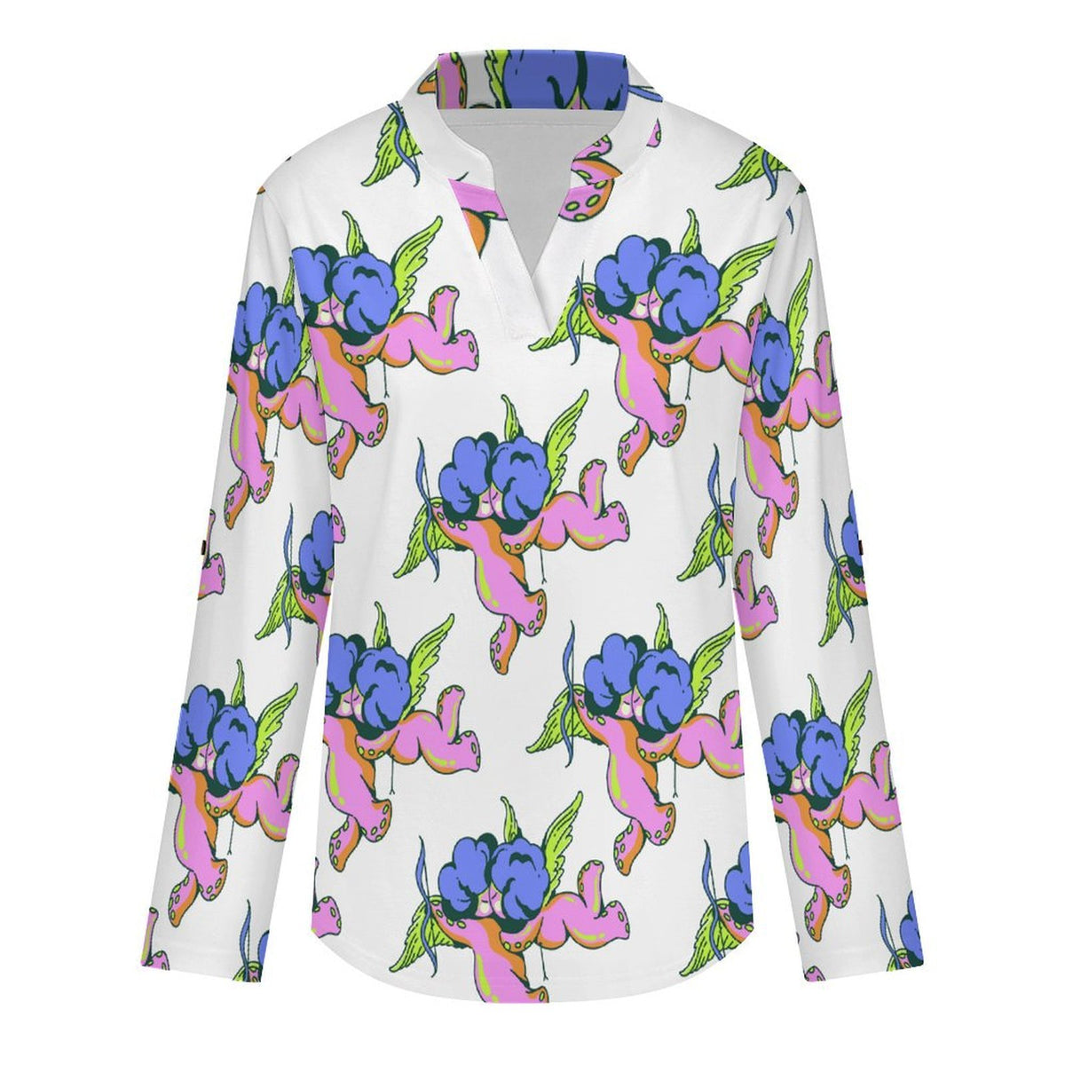 Octopus Angel Pattern  Women Curved Hem V Neck Roll Sleeve Casual Work Top