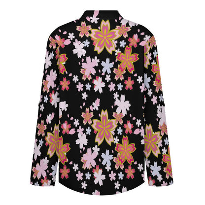 Black, Pink Cherry Blossoms Roll Tab 3/4 Sleeve Notched V Neck Tunic Blouse