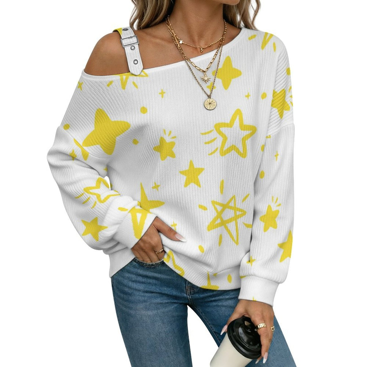 Fall Casual Asymmetric Shoulder Knit Top with Buckle Detail Pattern-star-cute-tile Pattern