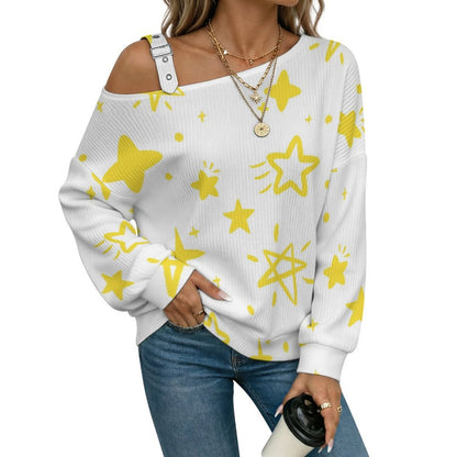 Fall Casual Asymmetric Shoulder Knit Top with Buckle Detail Pattern-star-cute-tile Pattern