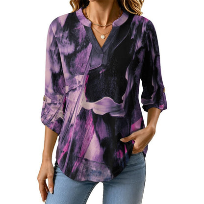 Purple, Black Pattern  Women Curved Hem V Neck Roll Sleeve Casual Work Top