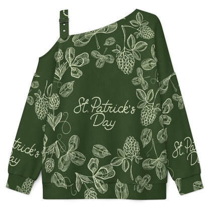 St. Patrick's Day, Wreath Fall Casual Asymmetric Shoulder Knit Top with Buckle Detail