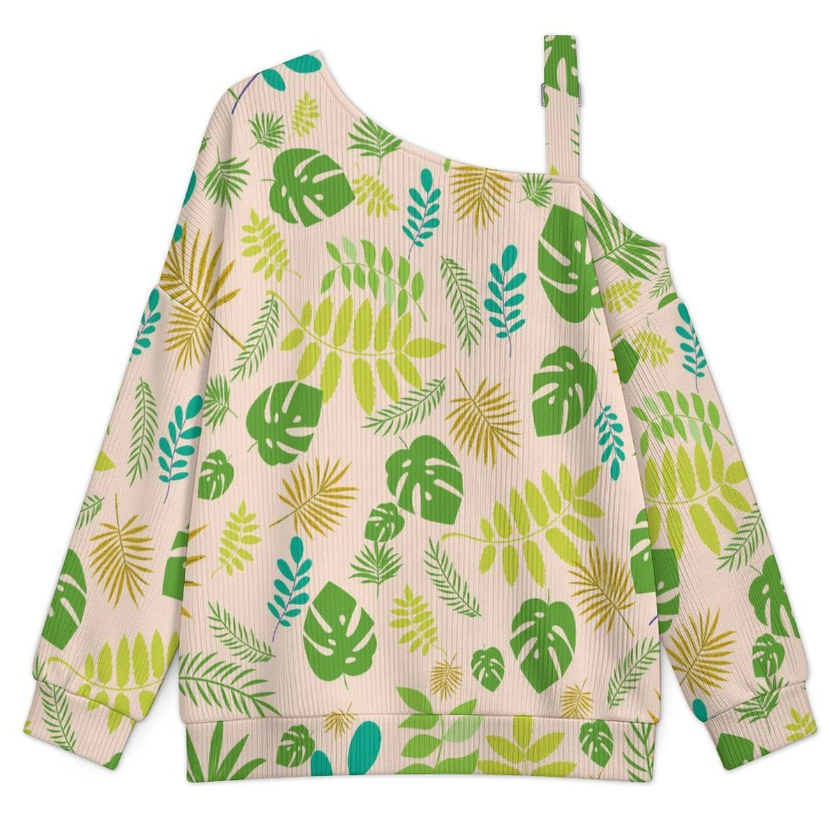 Women’s Off-Shoulder Knit Sweater Tropical Plant Background