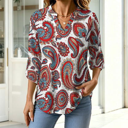 Paisley  Women Curved Hem V Neck Roll Sleeve Casual Work Top