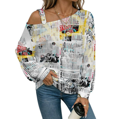 Buckle Strap Asymmetrical Off Shoulder Knit Sweater Newspaper