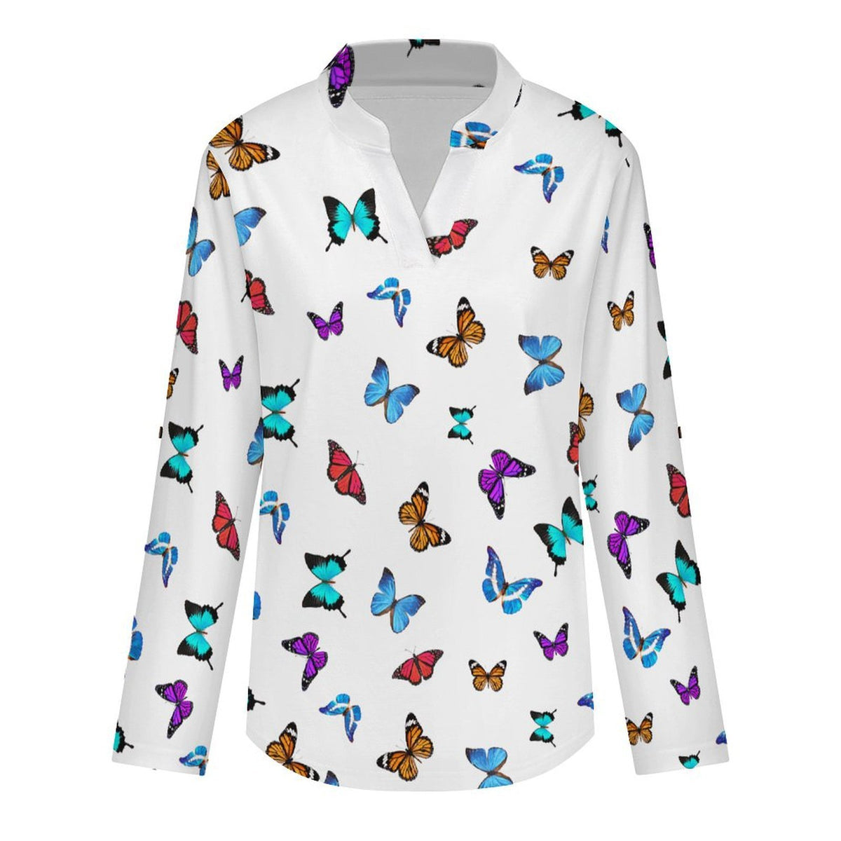 Repeating Pattern, Butterfly, Color Roll Tab 3/4 Sleeve Notched V Neck Tunic Blouse