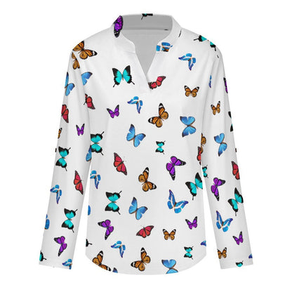 Repeating Pattern, Butterfly, Color Roll Tab 3/4 Sleeve Notched V Neck Tunic Blouse