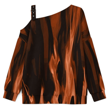 Red Flame, Burning Buckle Strap Asymmetrical Off Shoulder Knit Sweater