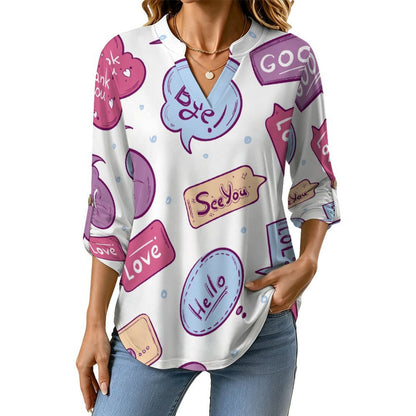 Women Curved Hem V Neck Roll Sleeve Casual Work Top  Cartoon, Pop, Pattern