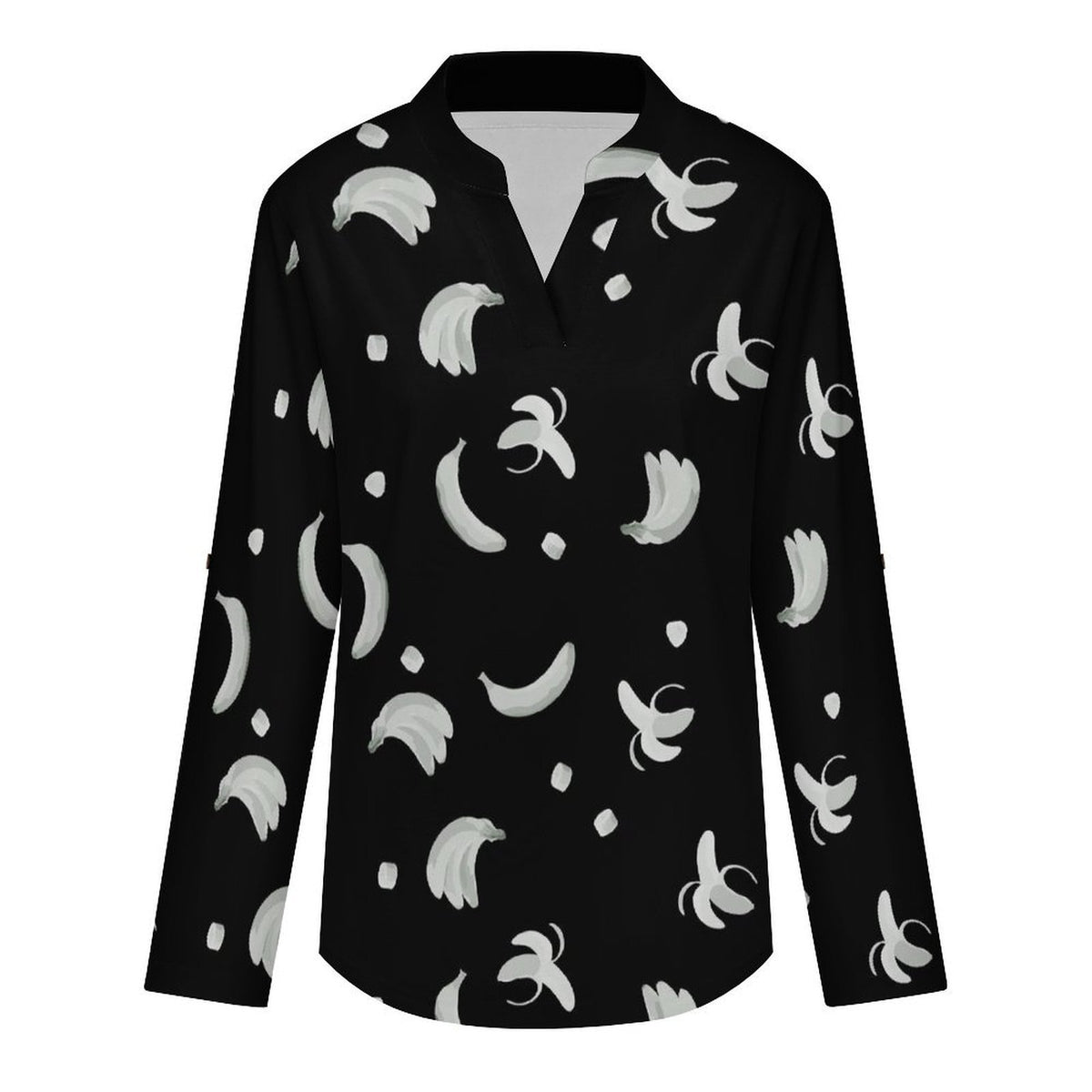 Banana T-shirt Phone Cover  Versatile Notched V-Neck Tunic | Roll Tab 3/4 Sleeve Office Casual Top