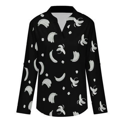 Banana T-shirt Phone Cover  Versatile Notched V-Neck Tunic | Roll Tab 3/4 Sleeve Office Casual Top
