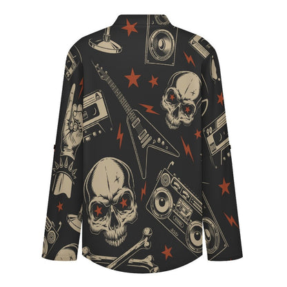 Retro Skull Pattern, Music  Women Curved Hem V Neck Roll Sleeve Casual Work Top