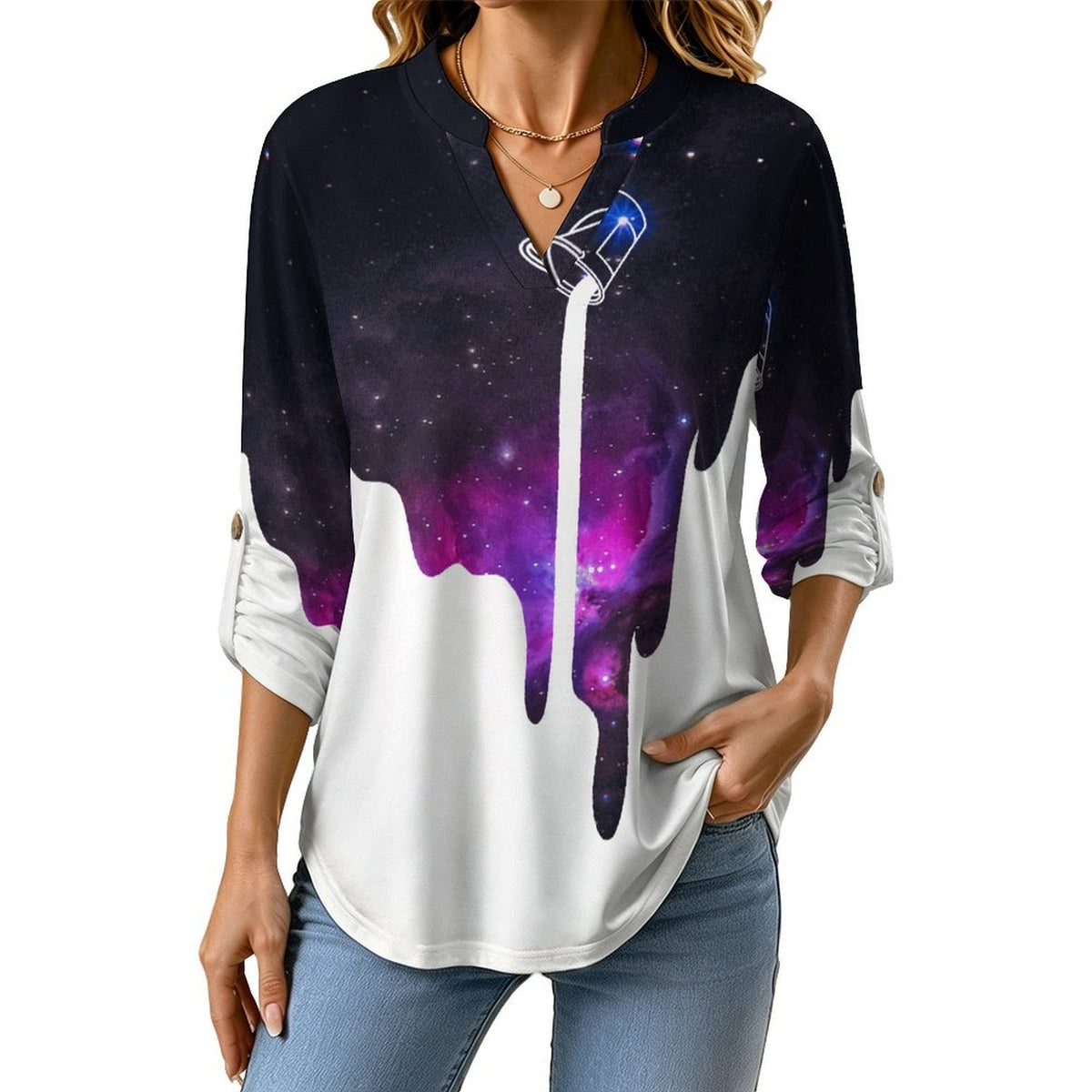Starry Sky  Versatile Notched V-Neck Tunic | Roll Tab 3/4 Sleeve Office Casual Top