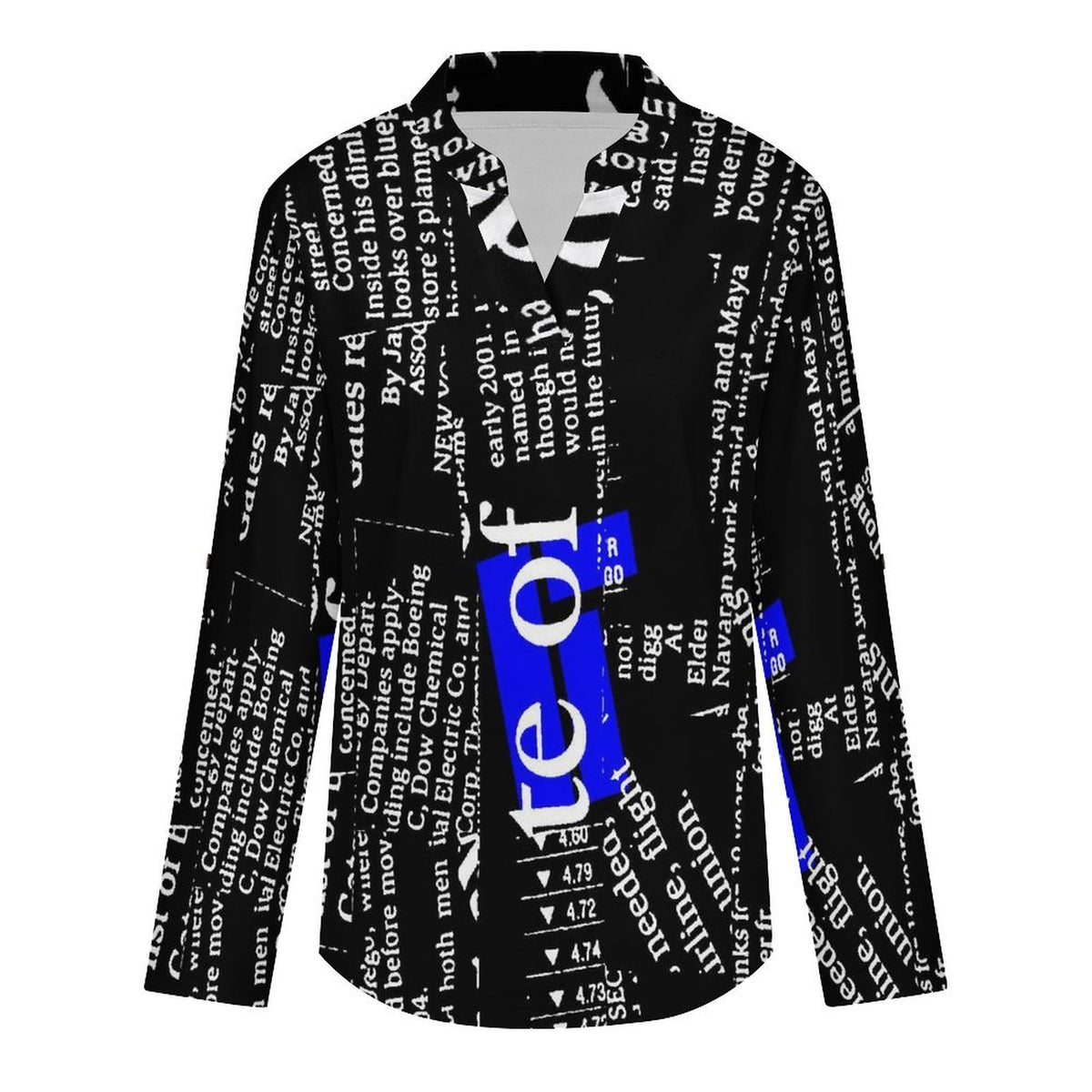 Newspaper Dress  Women Curved Hem V Neck Roll Sleeve Casual Work Top