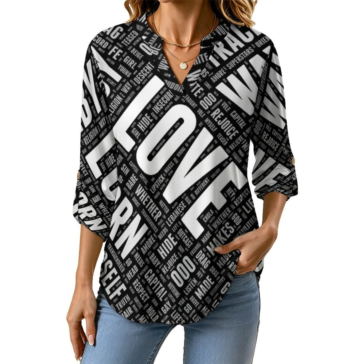 Versatile Notched V-Neck Tunic | Roll Tab 3/4 Sleeve Office Casual Top  Love  Words Dress