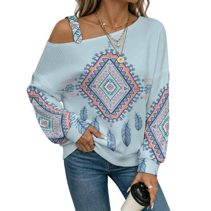 Feathers Fall Casual Asymmetric Shoulder Knit Top with Buckle Detail