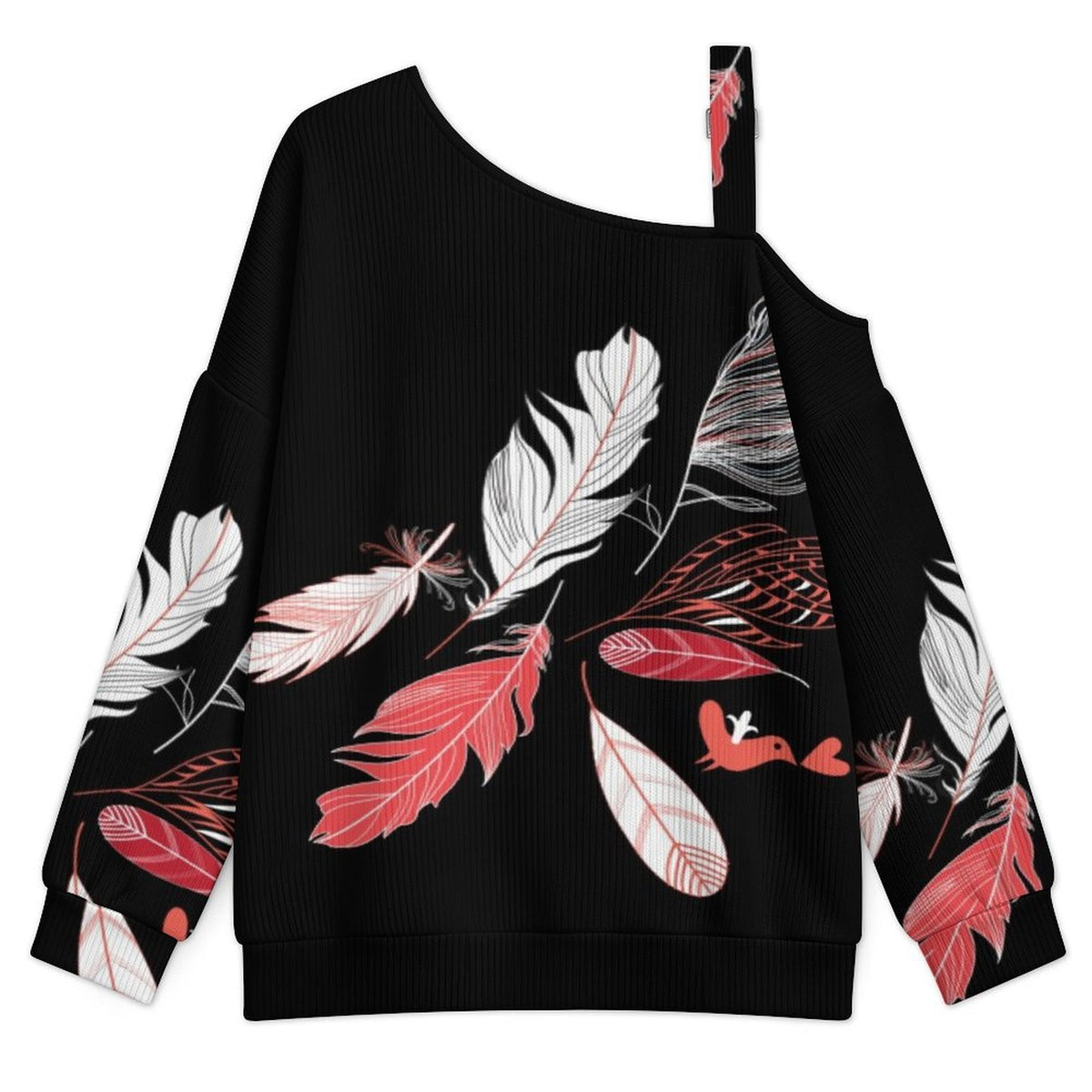 Feathers Buckle Strap Asymmetrical Off Shoulder Knit Sweater