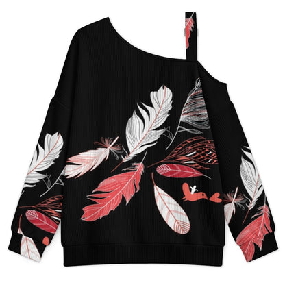 Feathers Buckle Strap Asymmetrical Off Shoulder Knit Sweater