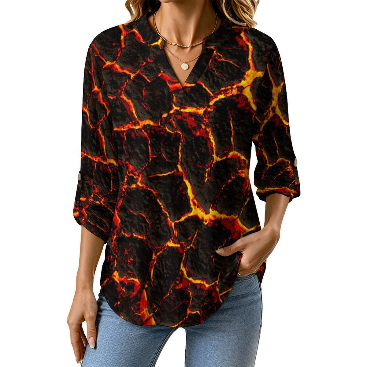 Magma  Versatile Notched V-Neck Tunic | Roll Tab 3/4 Sleeve Office Casual Top