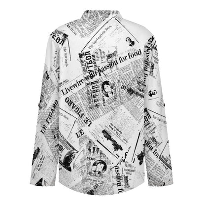 Stand-up Collar Long-sleeved Shirt Newspaper Dress white S Women’s V-Neck Blouses