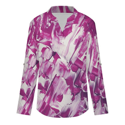 Versatile Notched V-Neck Tunic | Roll Tab 3/4 Sleeve Office Casual Top  Pink White Smear Pattern