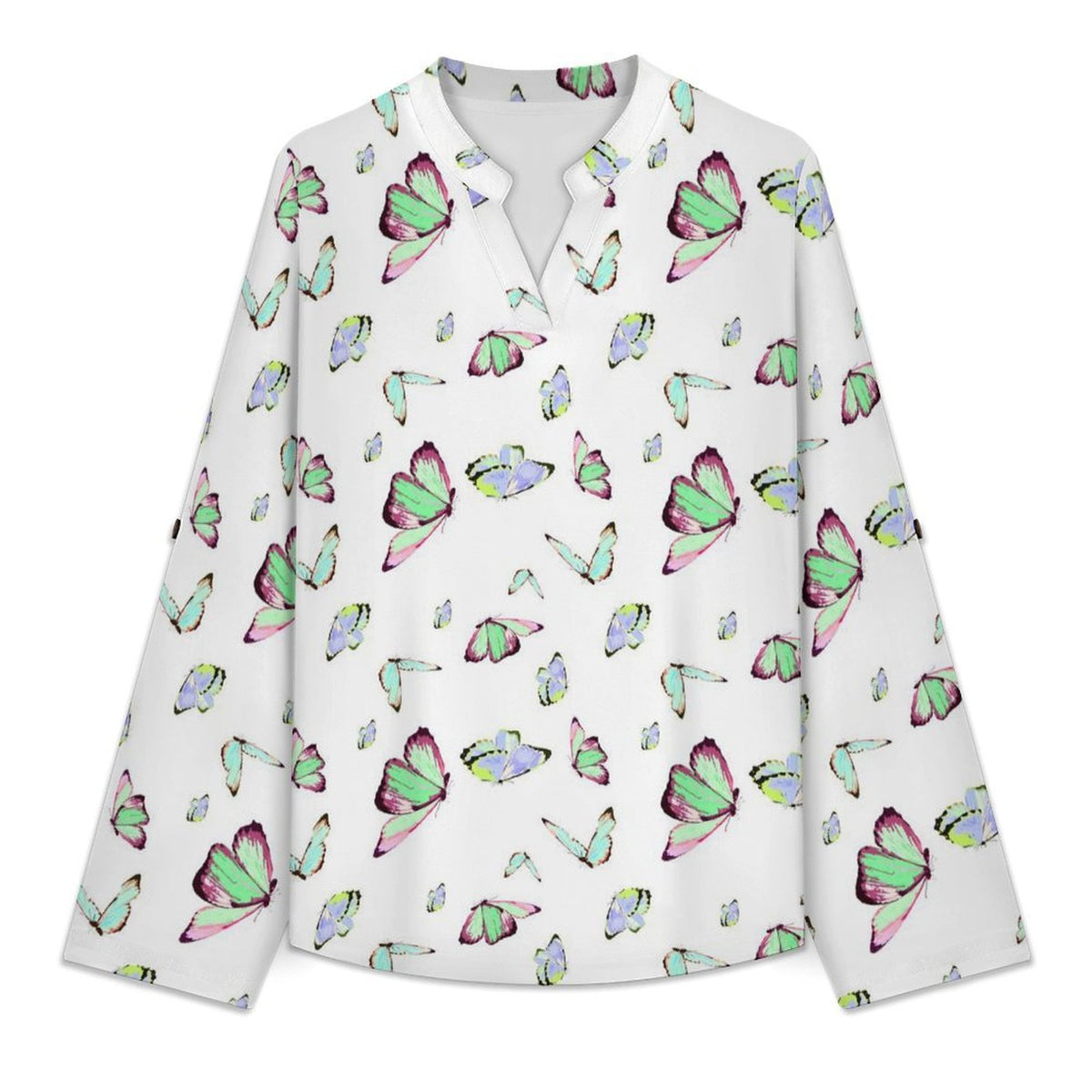Versatile Notched V-Neck Tunic  Roll Tab 3/4 Sleeve Office Casual Top  Butterfly T-shirt Dress