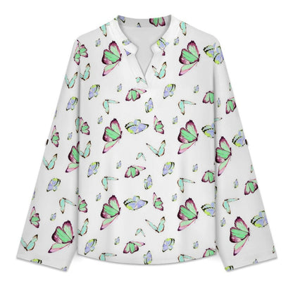 Versatile Notched V-Neck Tunic  Roll Tab 3/4 Sleeve Office Casual Top  Butterfly T-shirt Dress