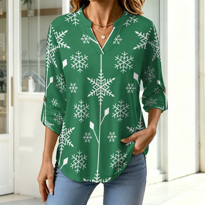 Women's Notched V Neck Tunic Tops, Roll Up 3/4 Sleeve Button Cuff Casual Blouse, Hem Loose Work Shirts  Snowflake Green Tile Repeat